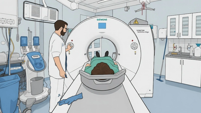 Digital illustration showing a patient undergoing the computed tomography for lung cancer diagnostics.