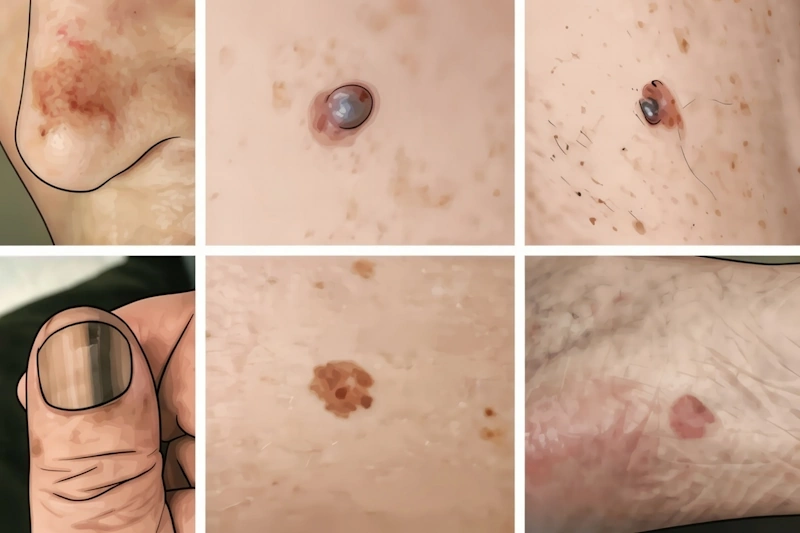Digital illustration shows various types of melanoma, and also locations on the body like nose, face, back, nail on the finger.