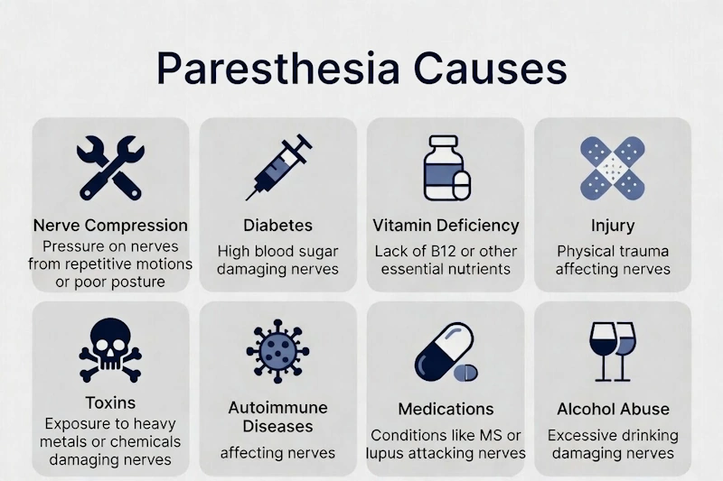 Digital infographics explaining 8 most common causes of Paresthesia
