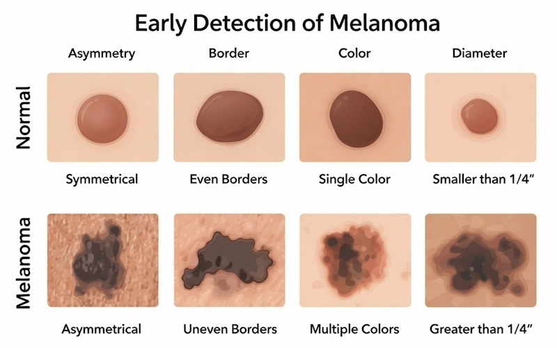 Digital image showing 4 types of normal moles and 4 types of melanoma in comparison