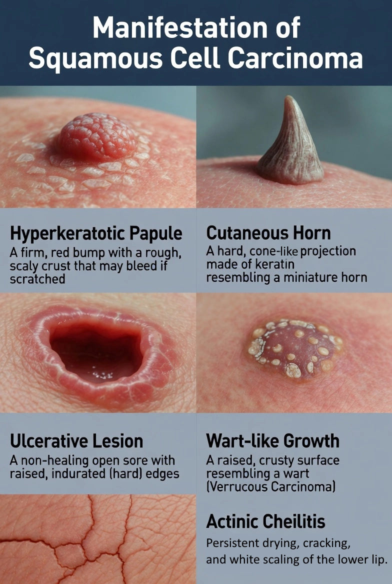 Medical illustration showing 5 symptoms of Squamous Cell Carcinoma: Hyperkeratotic Papule, Cutaneous Horn, Ulcerative Lesion, Wart-like growth, and Actinic Cheilitis