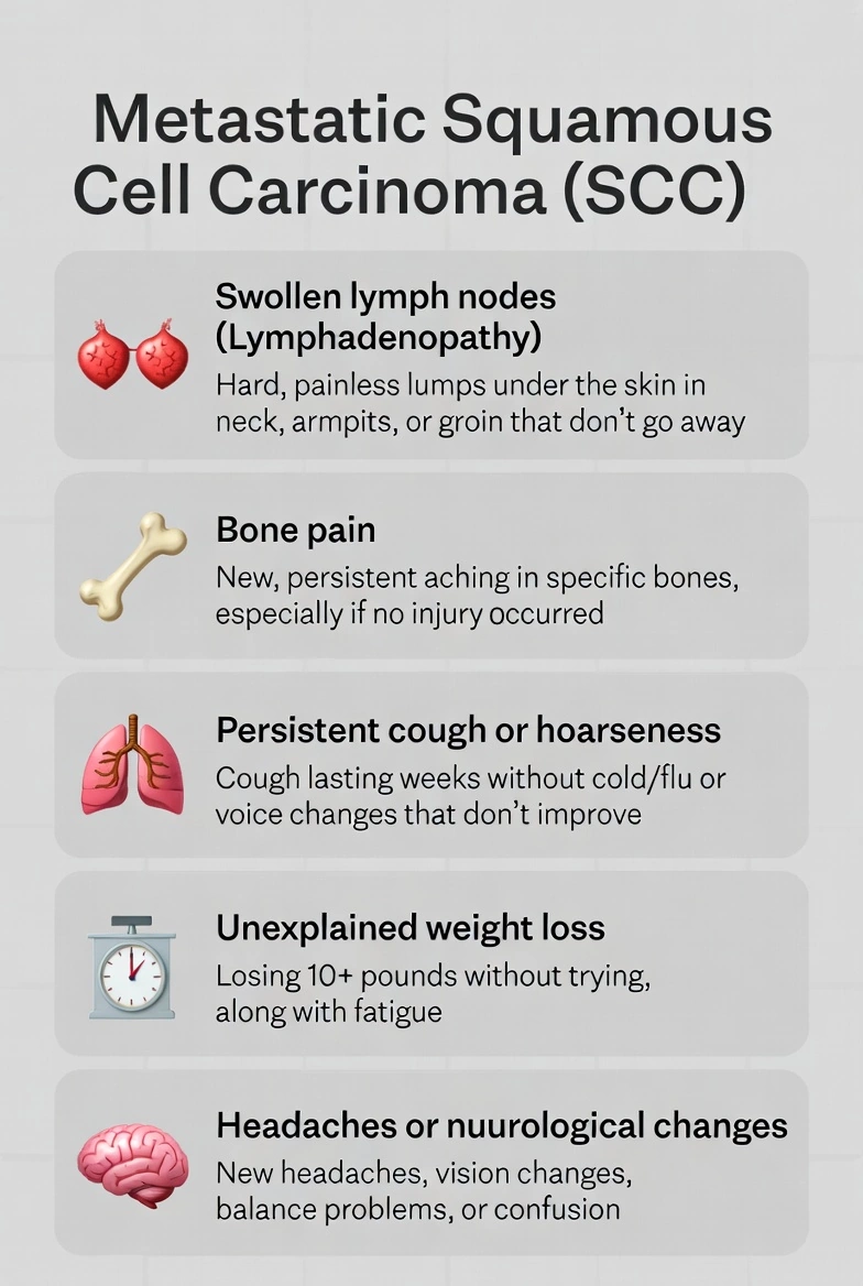 Image is an infographics showing the main 5 symptoms of metastatic squamous cell carcinoma spread into organs