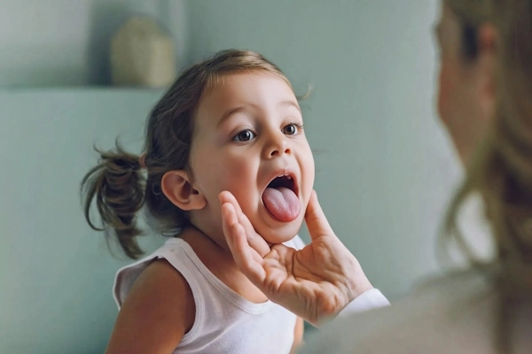The image with a child visiting the doctor, the doctor is inspecting the child's throat for infection. Image illustrates throat infection in children